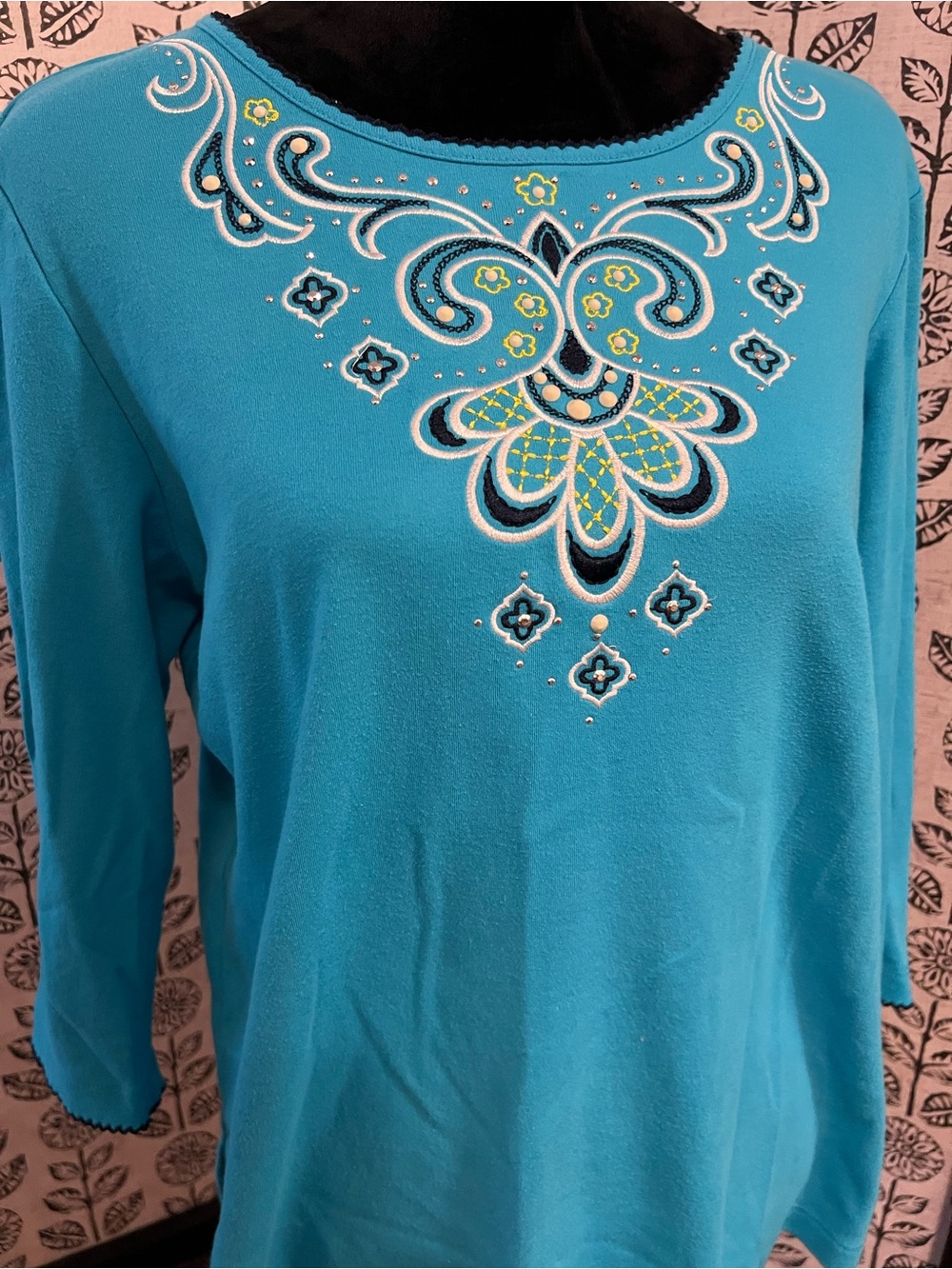 Alfred Dunner Turquoise Embroidered Long Sleeve Top